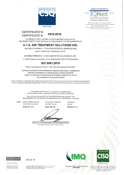 Сертификат CSQ ISO 9001:2015 ATS